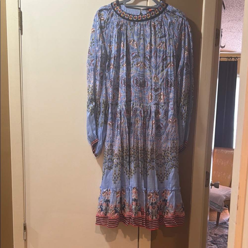 Light Blue Long Sleeve Printed Midi Dress